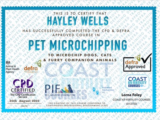 Certificate: Defra approved pet microchipping